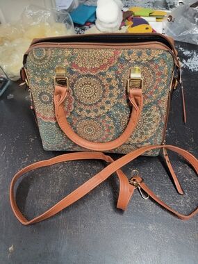 Tapestry Mandala Satchel Handbag in Brown and Green